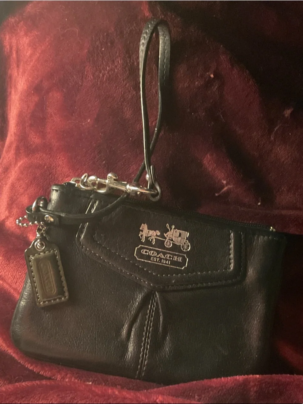 Coach Black Leather Wristlet with Silver Coach Horse & Carriage Logo